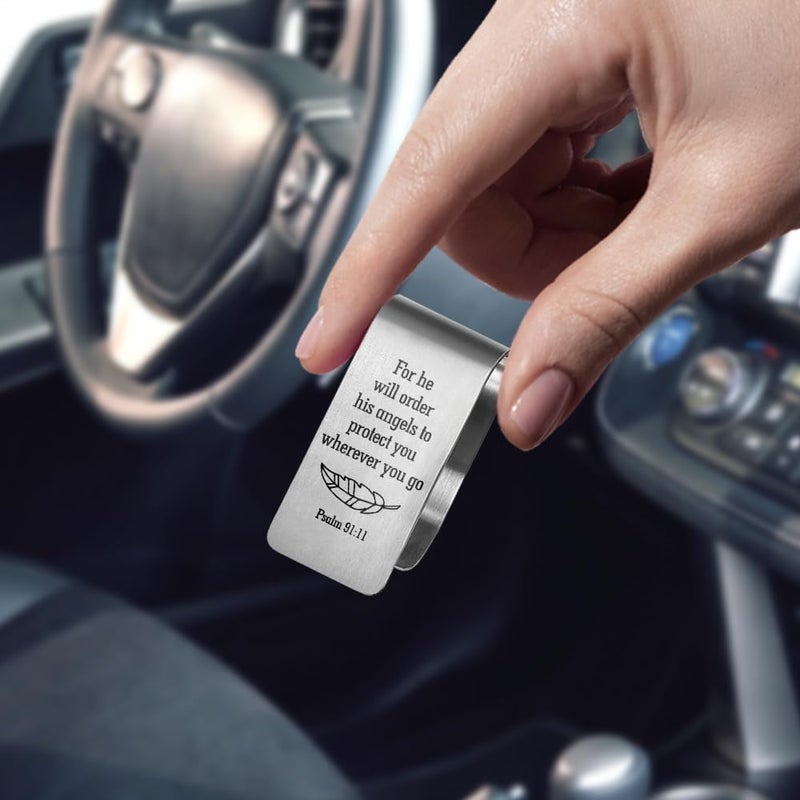 PUVOXHO for He Will Order His Angels to Protect You Wherever You Go Engraved Stainless Steel Car Visor Clip, Psalm 91:11 Sign, Funny Religious Gifts for Women Men Family Friend, New Driver Gifts - Image 3